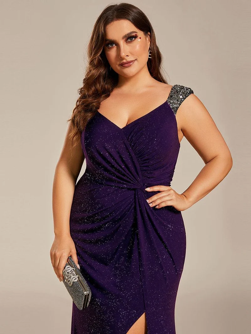 pretty NOIRE|Robe de soirée élégante à col en V à sequins de grande taille
