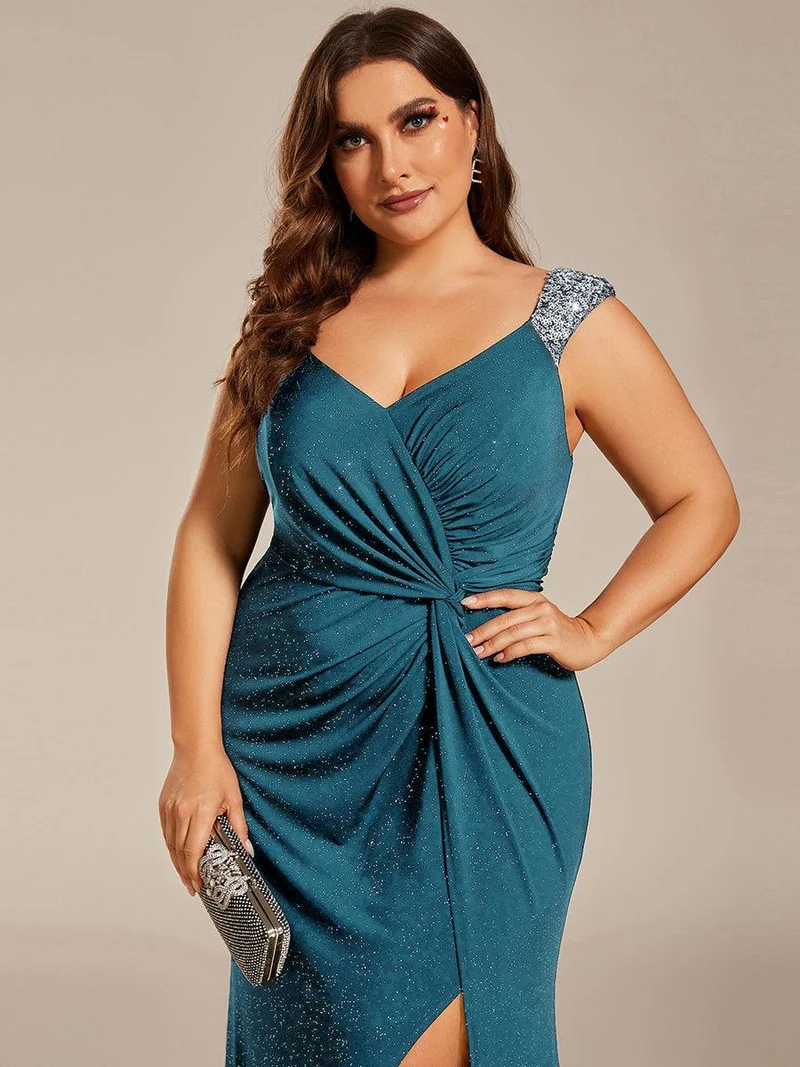 pretty NOIRE|Robe de soirée élégante à col en V à sequins de grande taille