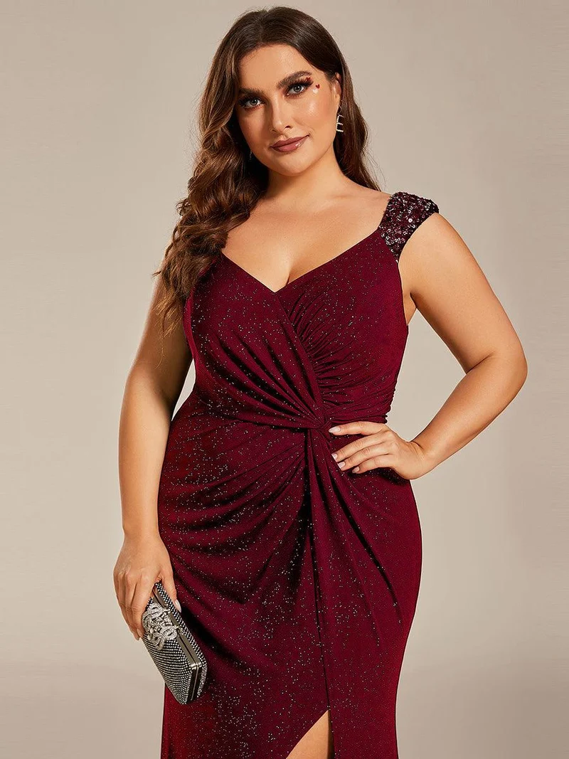 pretty NOIRE|Robe de soirée élégante à col en V à sequins de grande taille