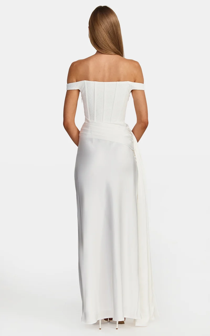 Darcie Maxi Dress - Off Shoulder Corset Draped Skirt Dress in Ivory