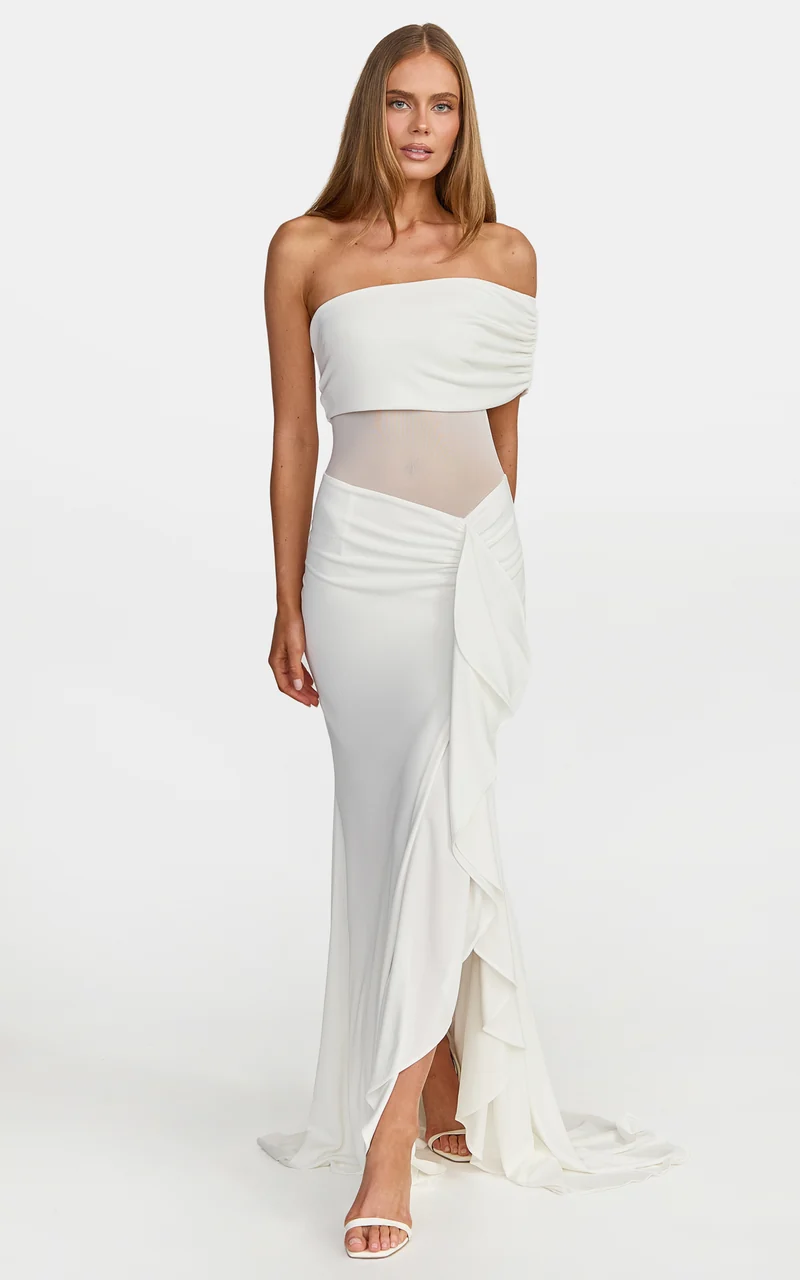 Hallie Maxi Dress - One Shoulder Flounce Dress With Leg Split And Sheer Panel in White
