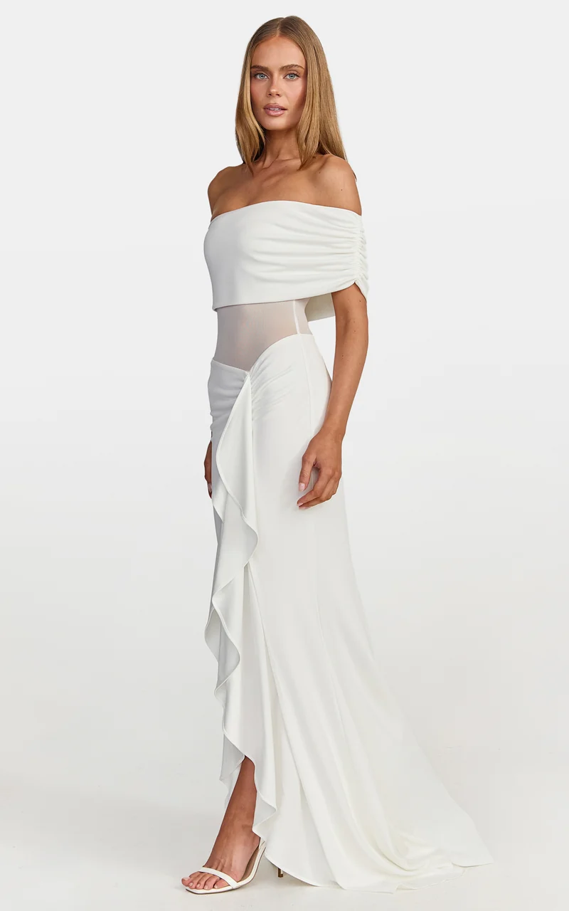 Hallie Maxi Dress - One Shoulder Flounce Dress With Leg Split And Sheer Panel in White