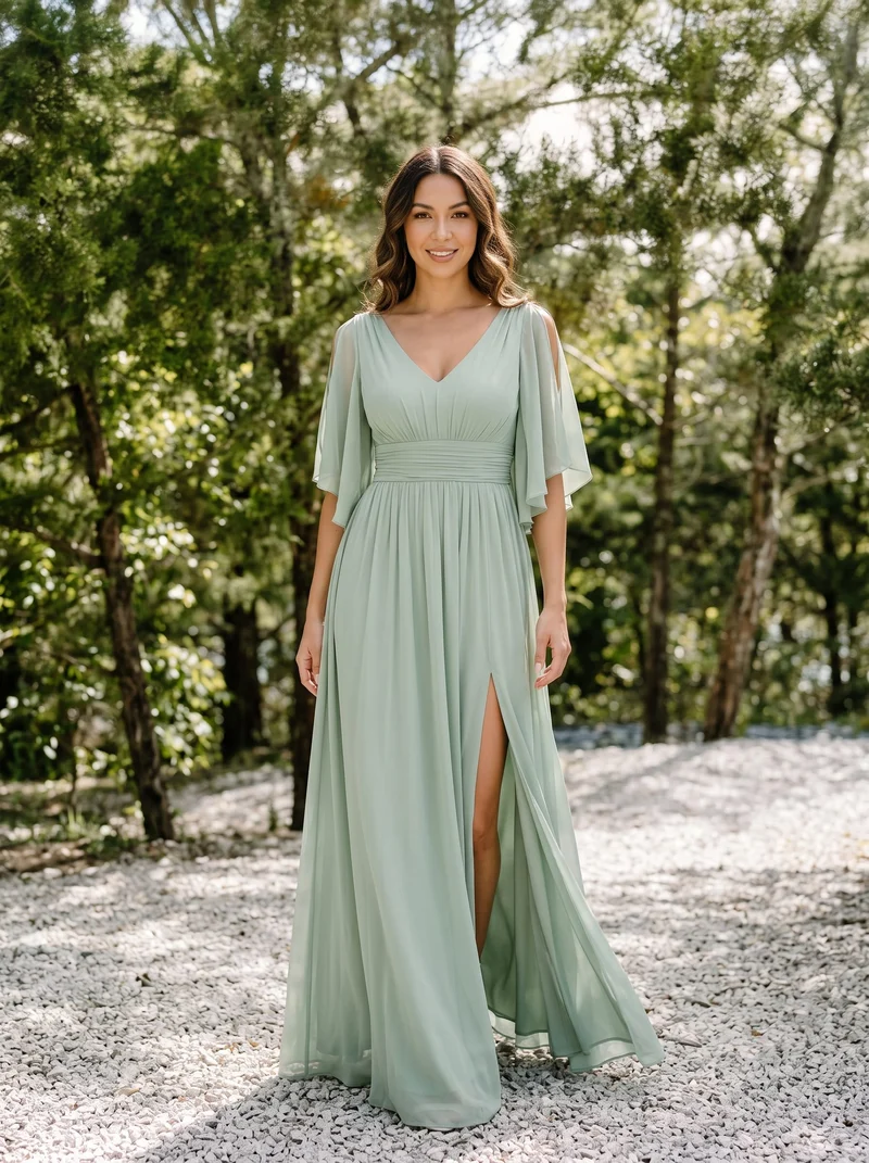 ever ELYAN|Robe Curvy en mousseline plissée Col V manches mi-longues