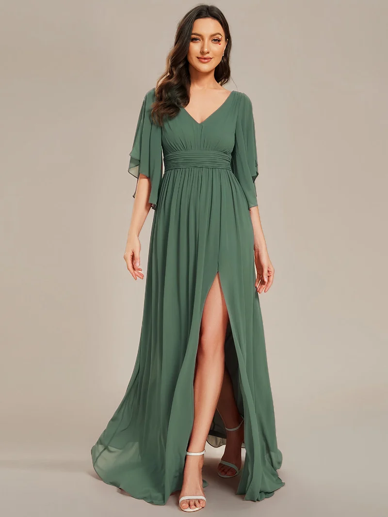 ever ELYAN|Robe Curvy en mousseline plissée Col V manches mi-longues