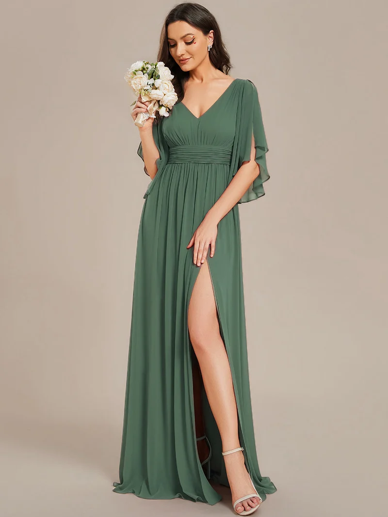 ever ELYAN|Robe Curvy en mousseline plissée Col V manches mi-longues