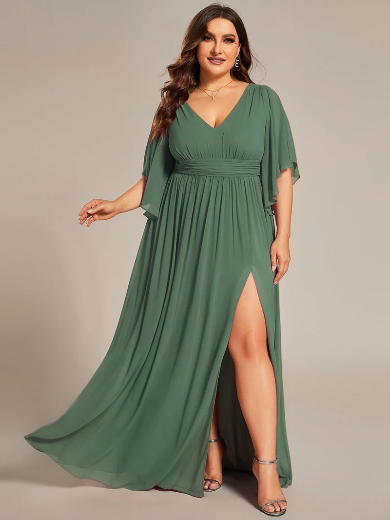 ever ELYAN|Robe Curvy en mousseline plissée Col V manches mi-longues
