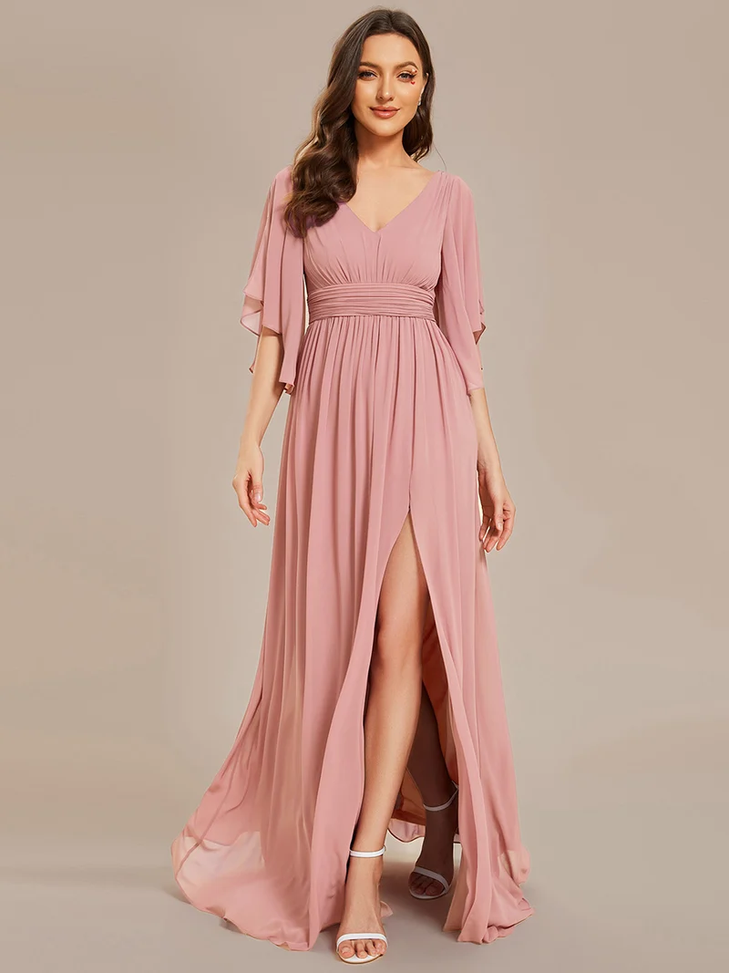 ever ELYAN|Robe Curvy en mousseline plissée Col V manches mi-longues