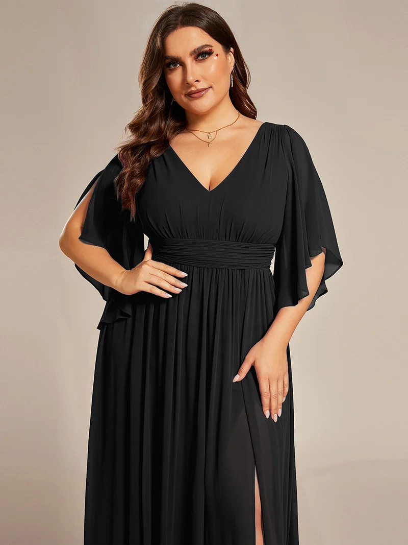 ever ELYAN|Robe Curvy en mousseline plissée Col V manches mi-longues