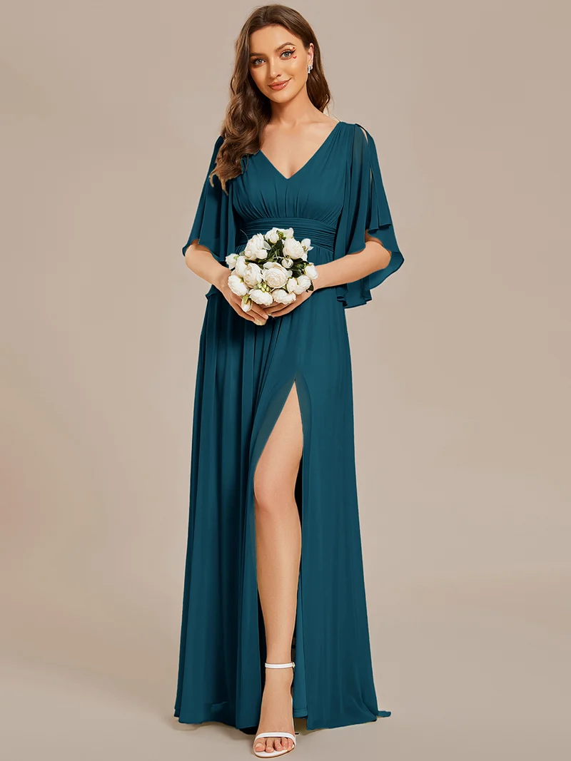 ever ELYAN|Robe Curvy en mousseline plissée Col V manches mi-longues