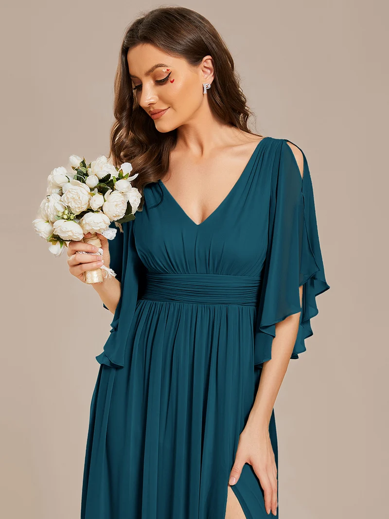 ever ELYAN|Robe Curvy en mousseline plissée Col V manches mi-longues