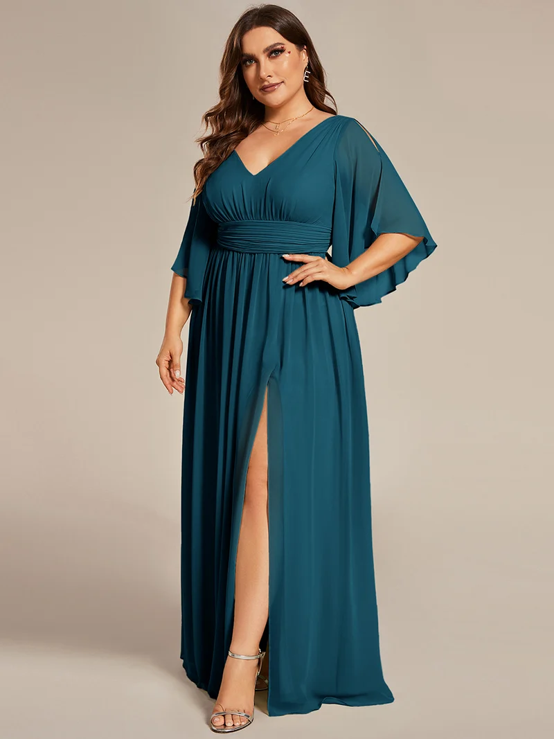 ever ELYAN|Robe Curvy en mousseline plissée Col V manches mi-longues