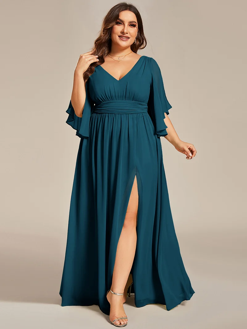 ever ELYAN|Robe Curvy en mousseline plissée Col V manches mi-longues