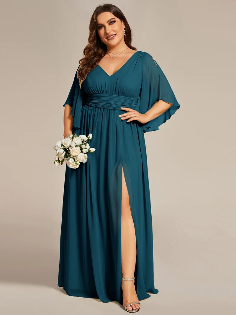 ever ELYAN|Robe Curvy en mousseline plissée Col V manches mi-longues