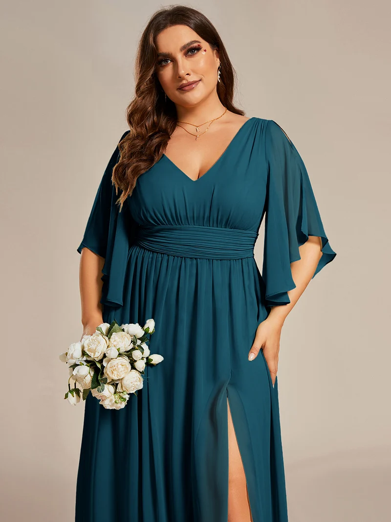 ever ELYAN|Robe Curvy en mousseline plissée Col V manches mi-longues