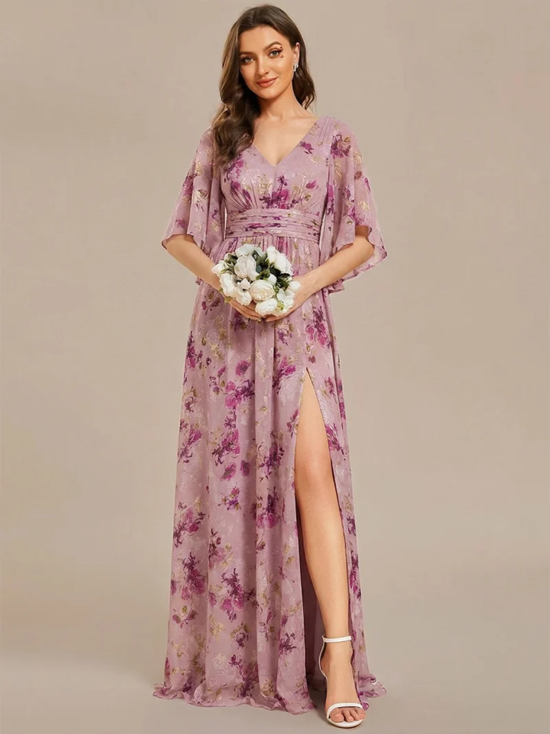 ever ELYAN|Robe Curvy en mousseline plissée Col V manches mi-longues