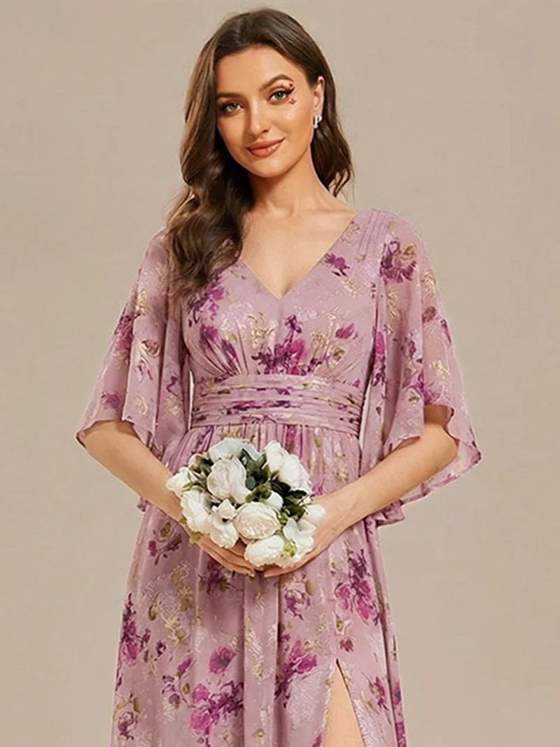 ever ELYAN|Robe Curvy en mousseline plissée Col V manches mi-longues