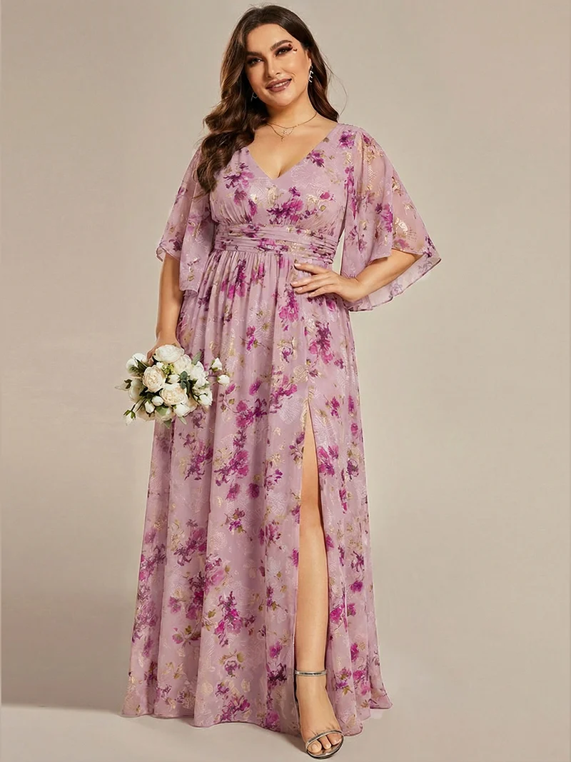 ever ELYAN|Robe Curvy en mousseline plissée Col V manches mi-longues