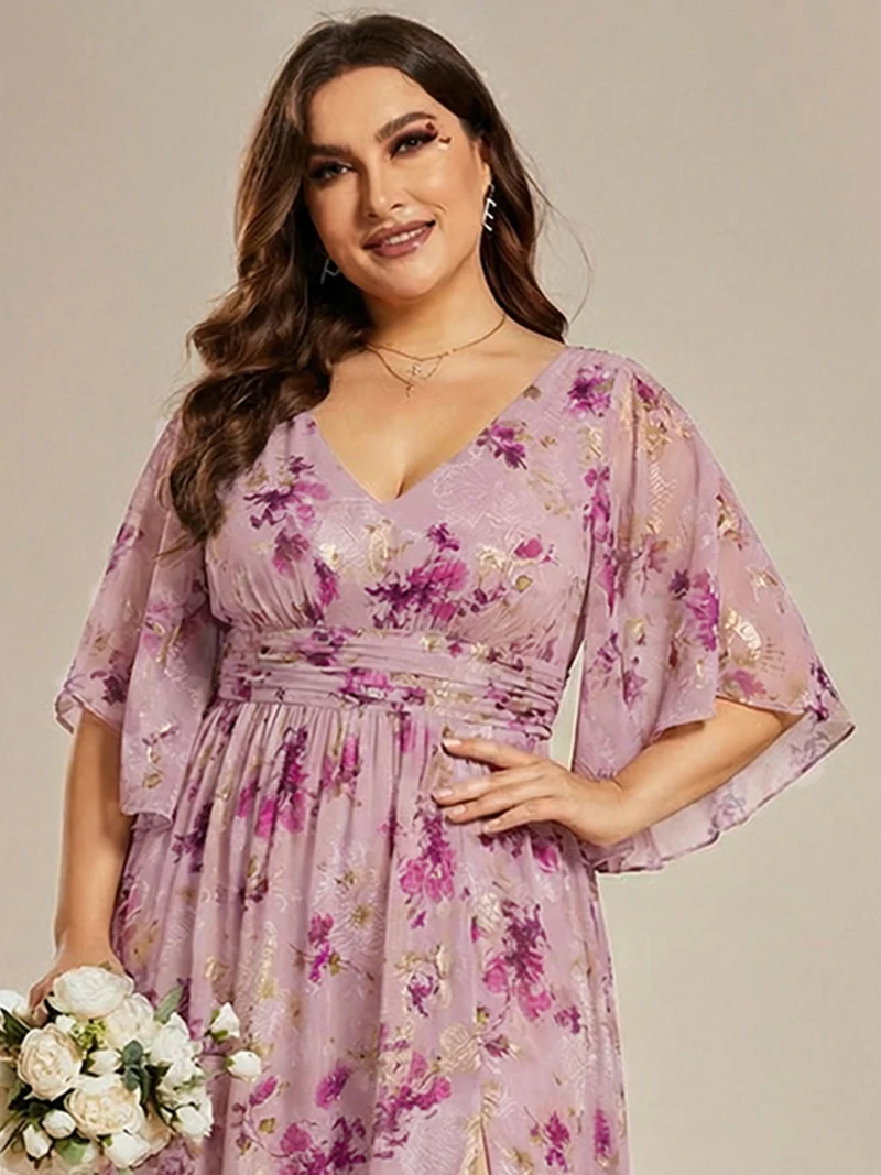 ever ELYAN|Robe Curvy en mousseline plissée Col V manches mi-longues