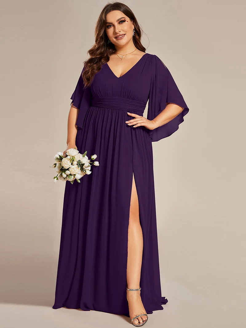 ever ELYAN|Robe Curvy en mousseline plissée Col V manches mi-longues