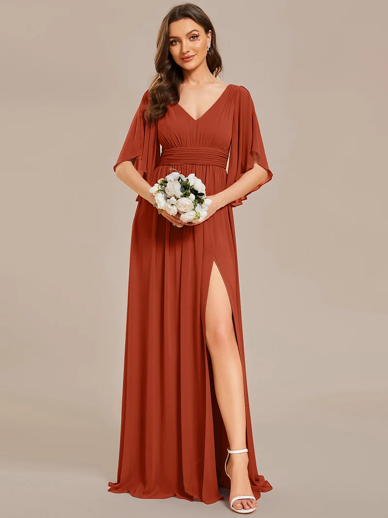 ever ELYAN|Robe Curvy en mousseline plissée Col V manches mi-longues