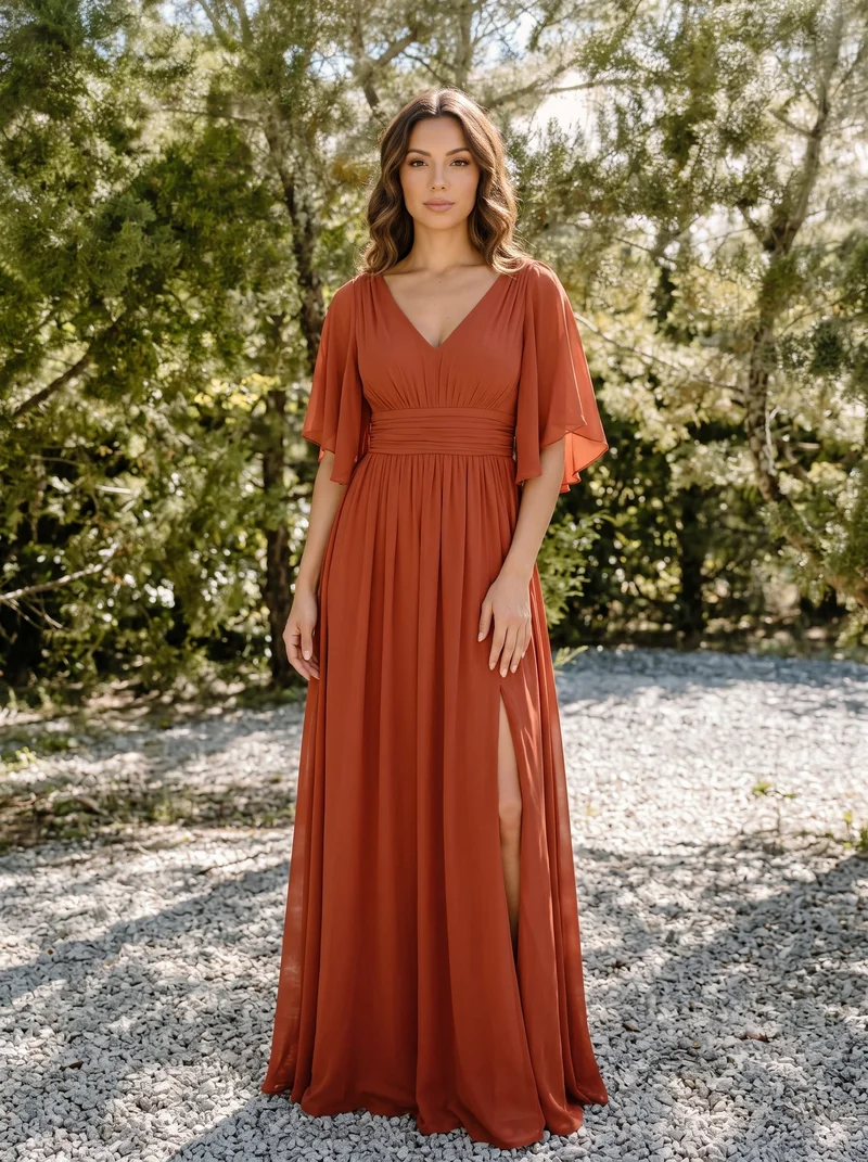 ever ELYAN|Robe Curvy en mousseline plissée Col V manches mi-longues