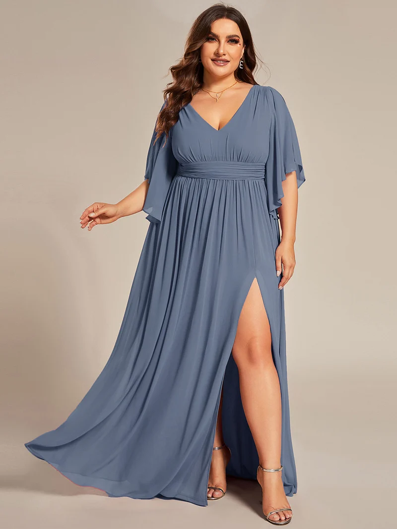 ever ELYAN|Robe Curvy en mousseline plissée Col V manches mi-longues