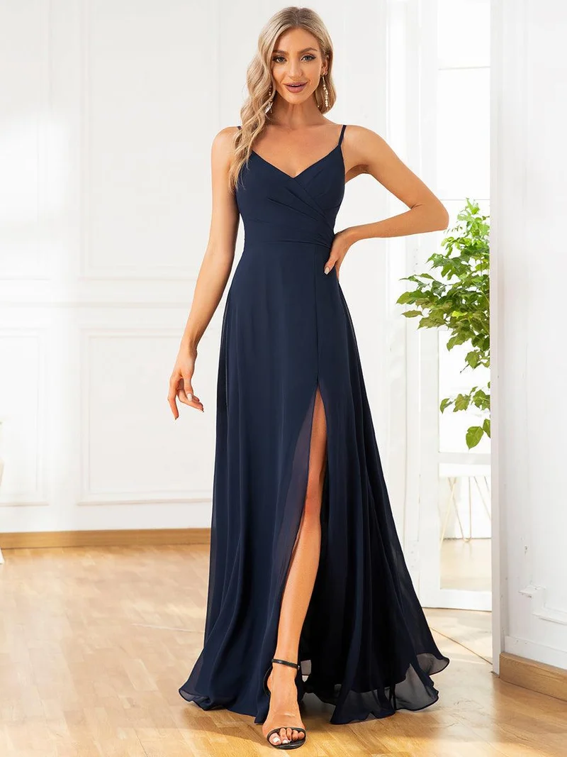 ever RENÉ|Robe de demoiselle d'honneur plissée à bretelles minces et col V