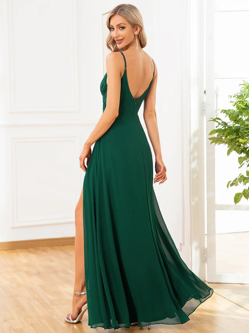 ever RENÉ|Robe de demoiselle d'honneur plissée à bretelles minces et col V