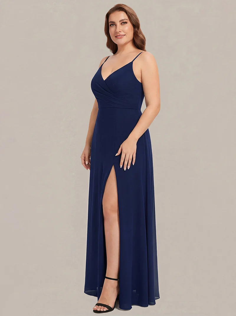 ever RENÉ|Robe de demoiselle d'honneur plissée à bretelles minces et col V