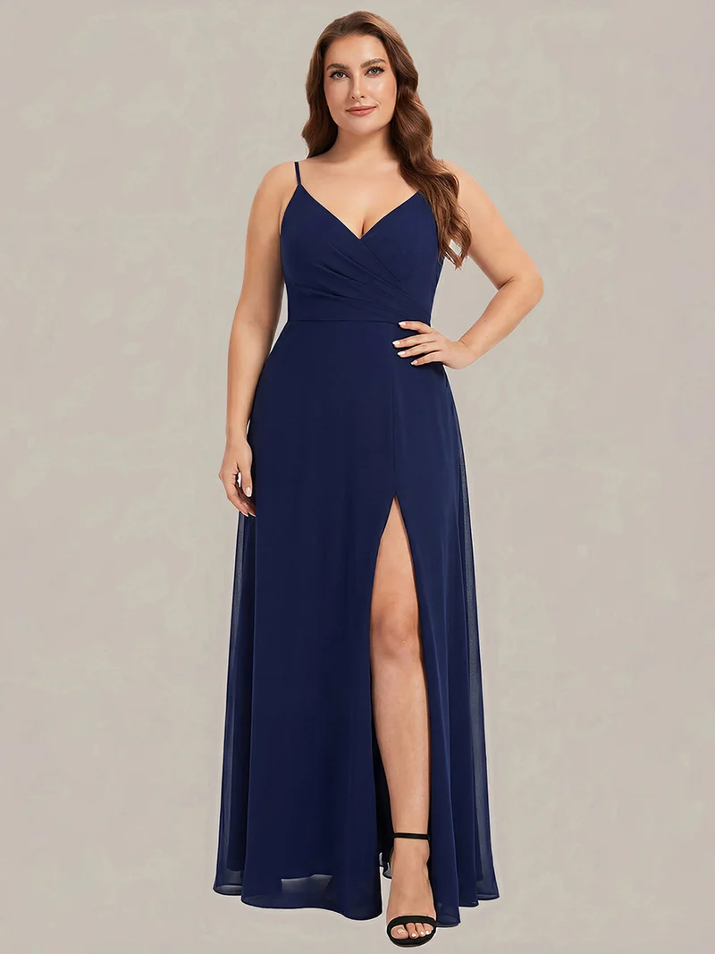 ever RENÉ|Robe de demoiselle d'honneur plissée à bretelles minces et col V