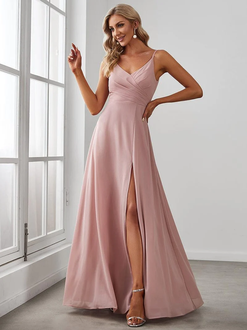 ever RENÉ|Robe de demoiselle d'honneur plissée à bretelles minces et col V