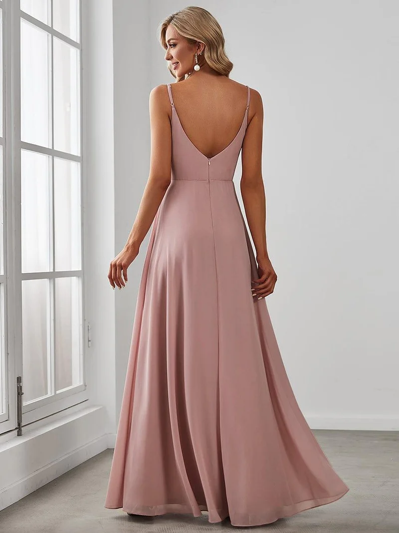 ever RENÉ|Robe de demoiselle d'honneur plissée à bretelles minces et col V