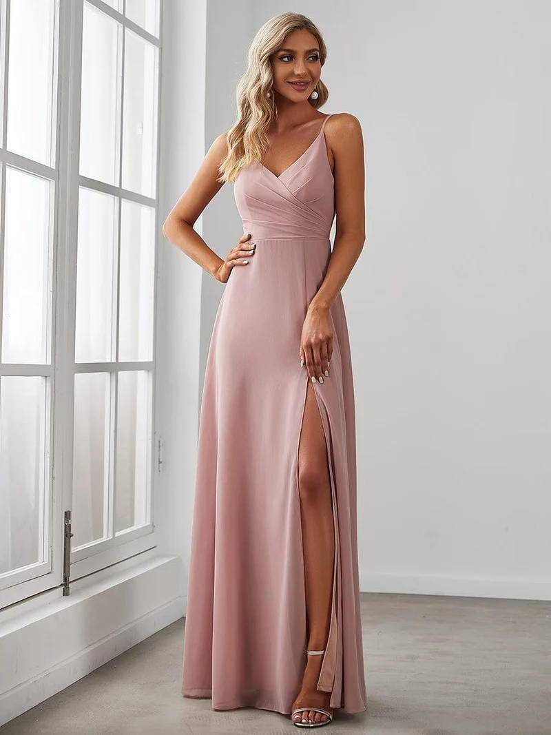 ever RENÉ|Robe de demoiselle d'honneur plissée à bretelles minces et col V