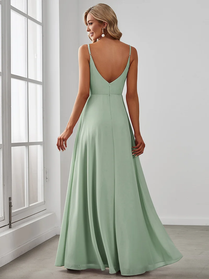 ever RENÉ|Robe de demoiselle d'honneur plissée à bretelles minces et col V