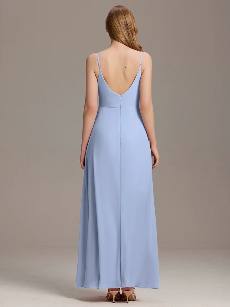 ever RENÉ|Robe de demoiselle d'honneur plissée à bretelles minces et col V