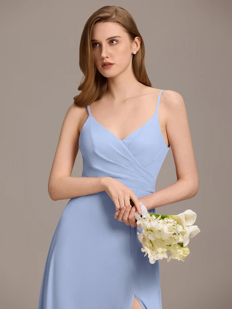 ever RENÉ|Robe de demoiselle d'honneur plissée à bretelles minces et col V