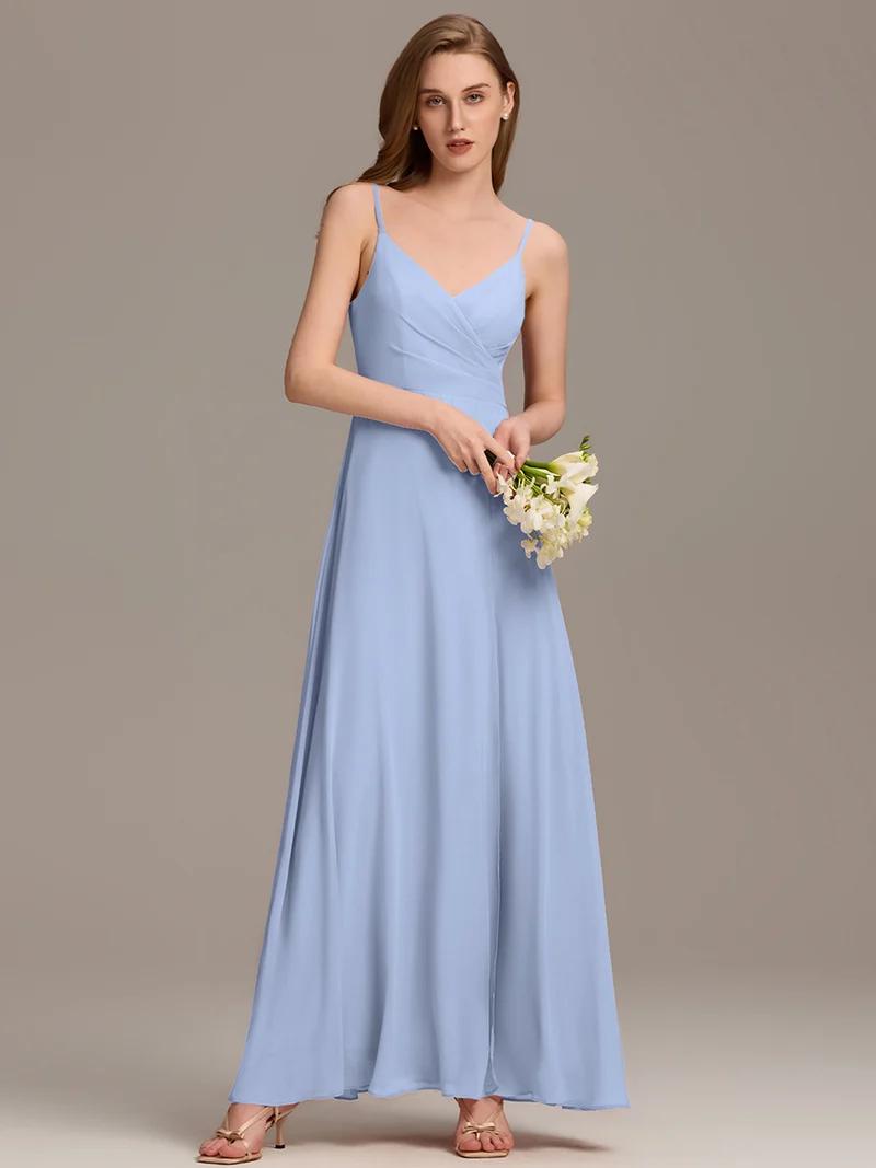 ever RENÉ|Robe de demoiselle d'honneur plissée à bretelles minces et col V