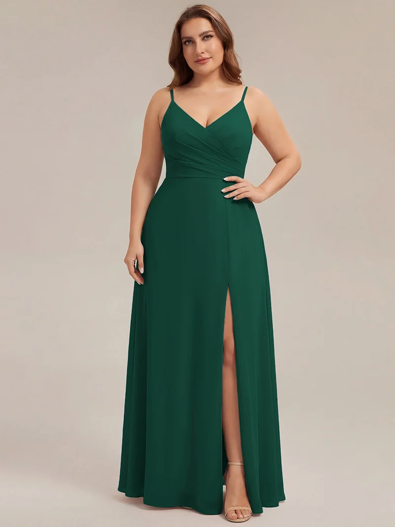 ever RENÉ|Robe de demoiselle d'honneur plissée à bretelles minces et col V