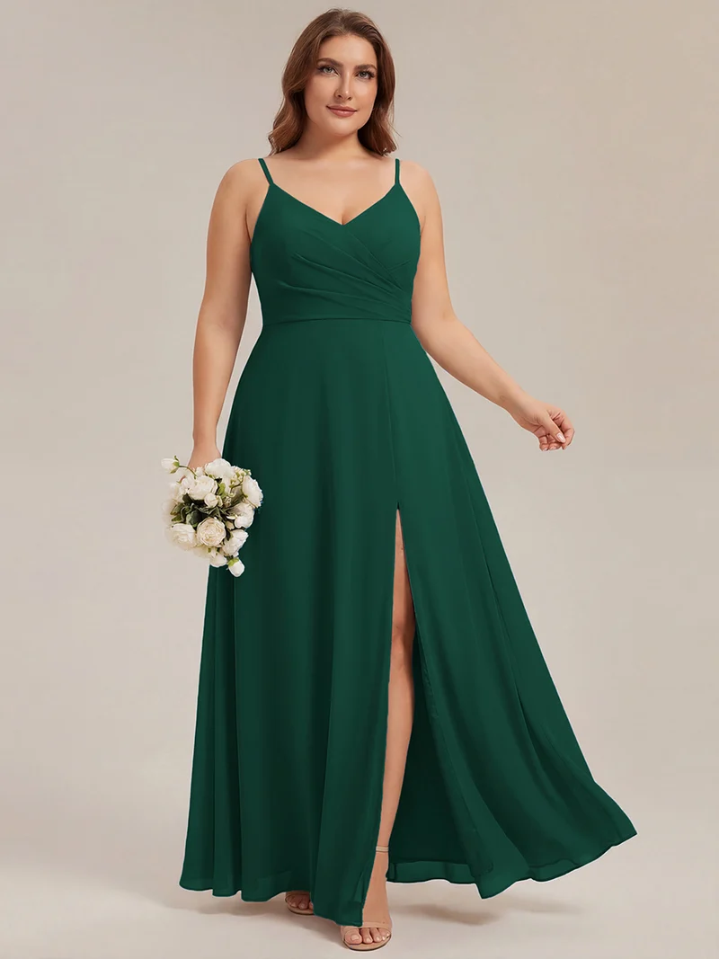 ever RENÉ|Robe de demoiselle d'honneur plissée à bretelles minces et col V