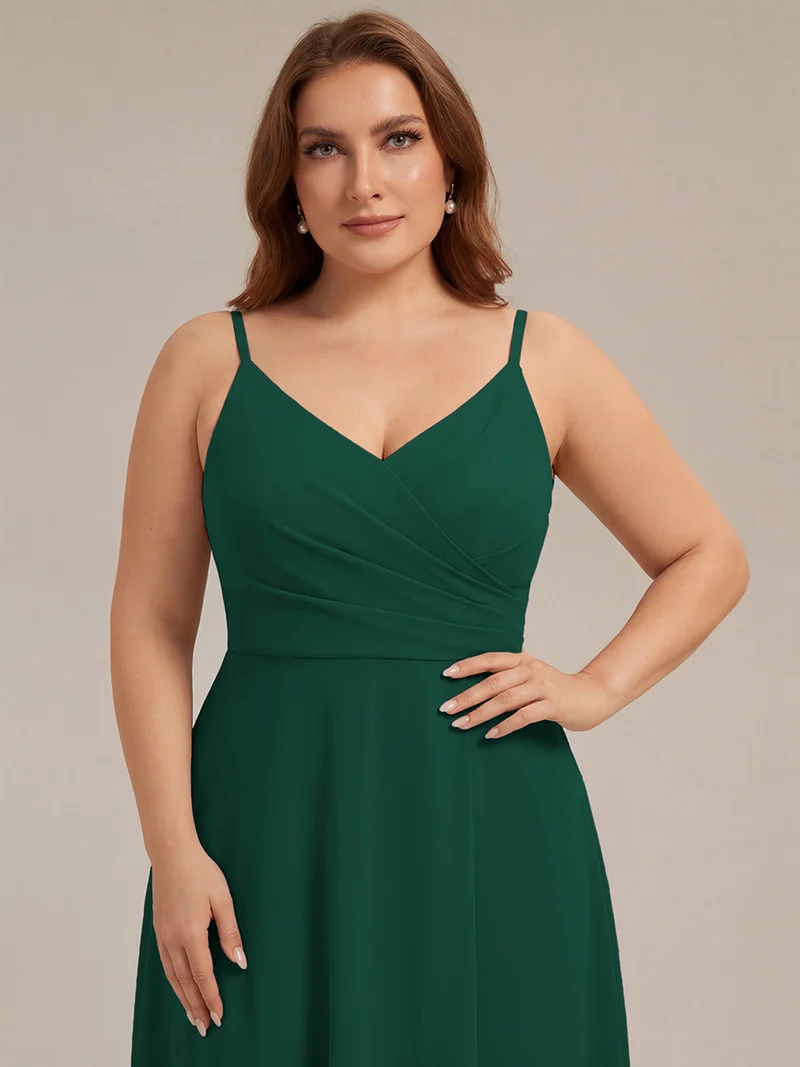 ever RENÉ|Robe de demoiselle d'honneur plissée à bretelles minces et col V