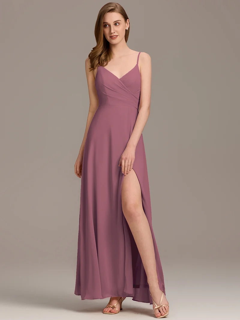 ever RENÉ|Robe de demoiselle d'honneur plissée à bretelles minces et col V