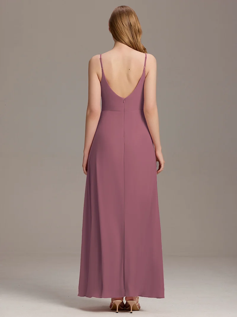 ever RENÉ|Robe de demoiselle d'honneur plissée à bretelles minces et col V