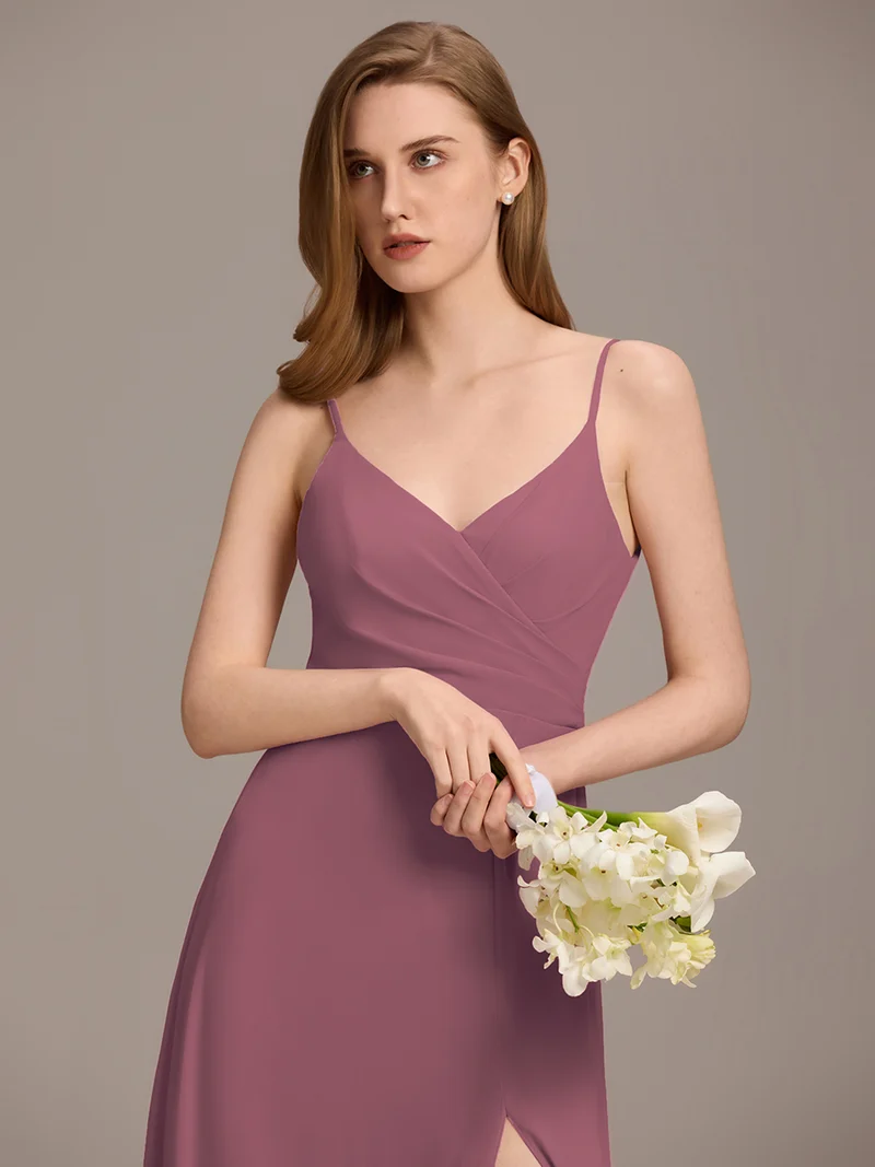 ever RENÉ|Robe de demoiselle d'honneur plissée à bretelles minces et col V
