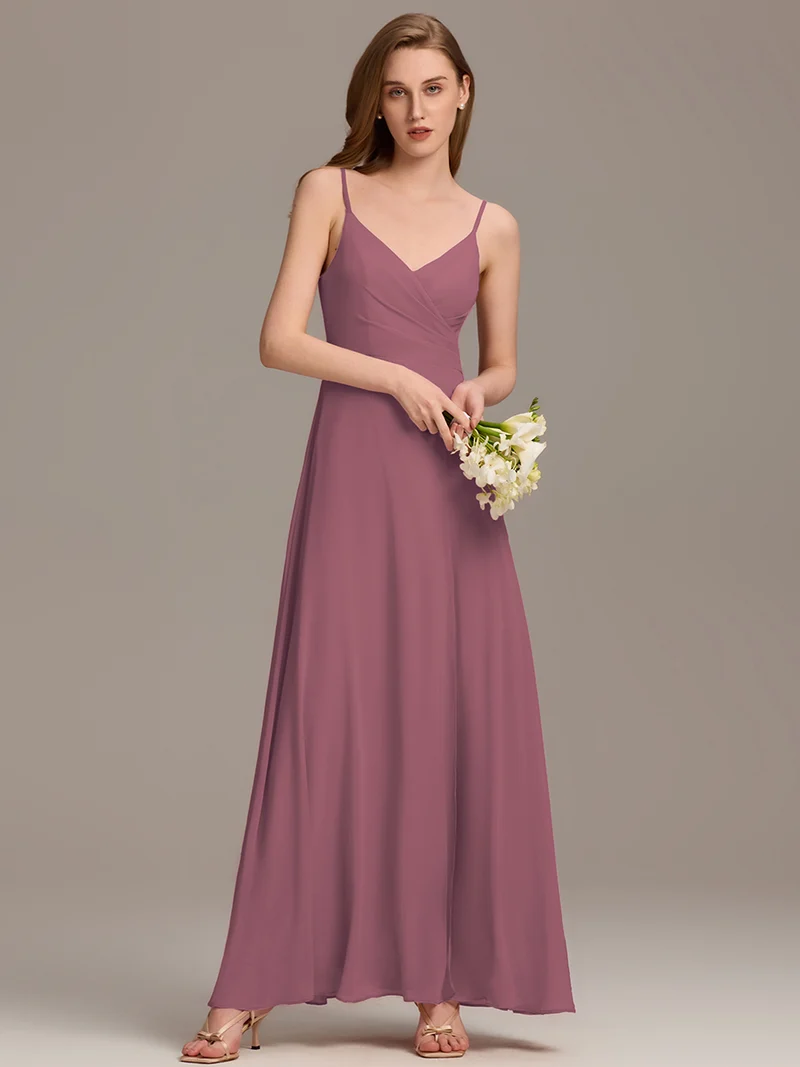 ever RENÉ|Robe de demoiselle d'honneur plissée à bretelles minces et col V