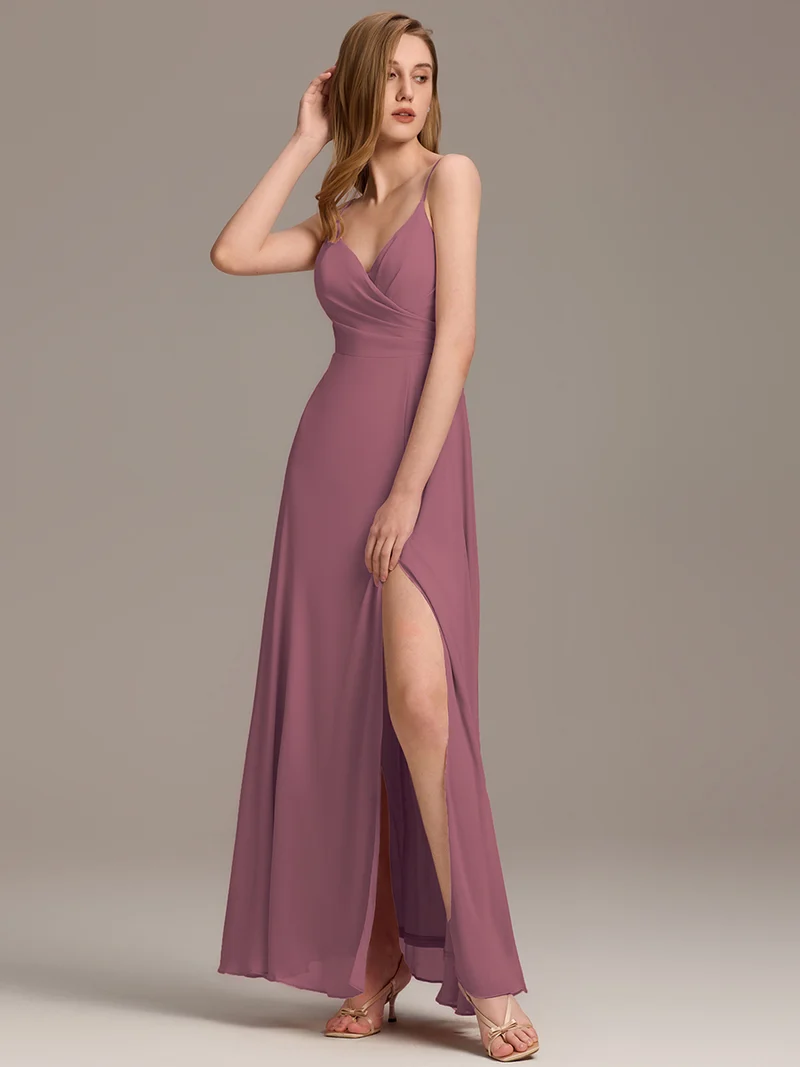 ever RENÉ|Robe de demoiselle d'honneur plissée à bretelles minces et col V