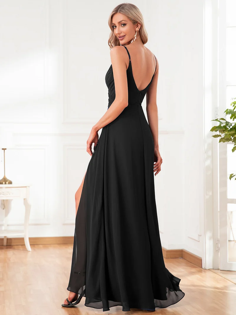 ever RENÉ|Robe de demoiselle d'honneur plissée à bretelles minces et col V