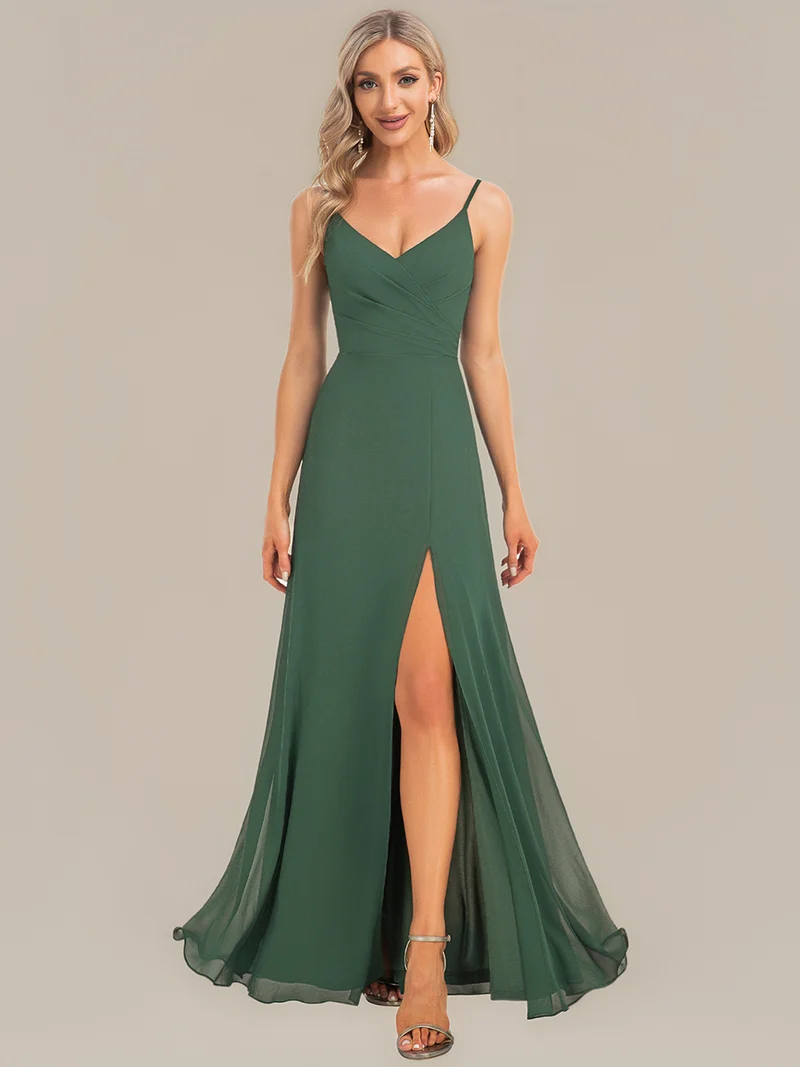 ever RENÉ|Robe de demoiselle d'honneur plissée à bretelles minces et col V