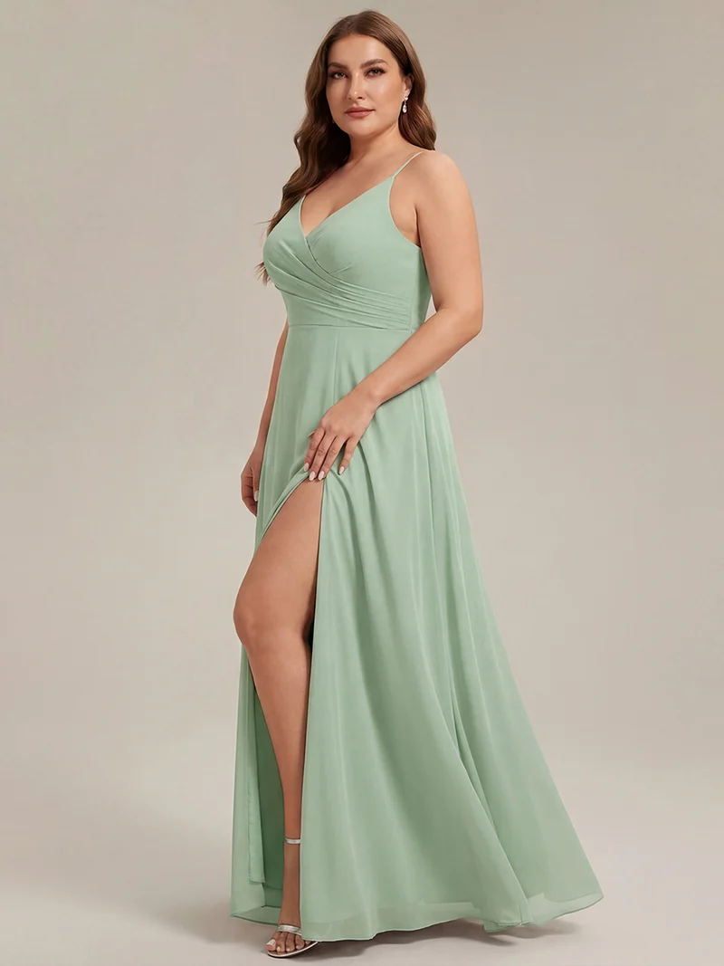ever RENÉ|Robe de demoiselle d'honneur plissée à bretelles minces et col V