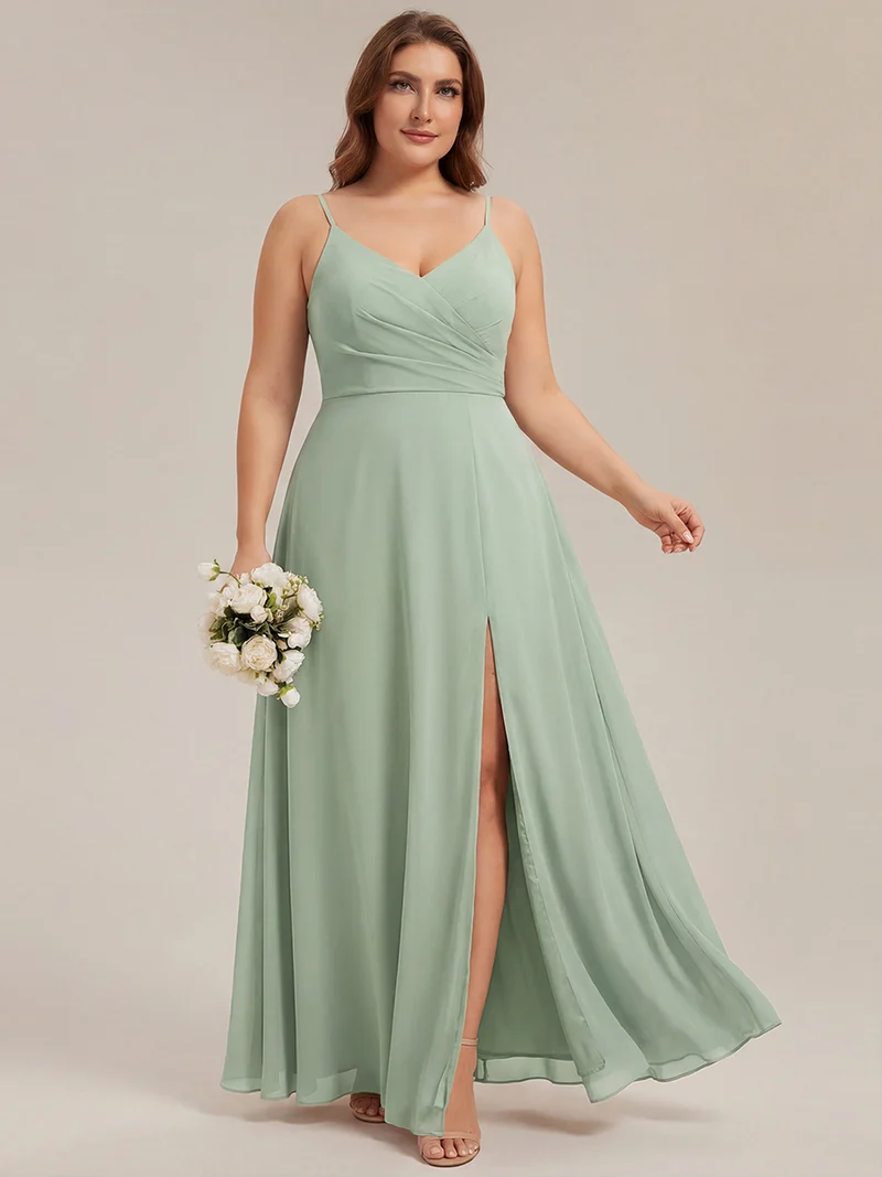 ever RENÉ|Robe de demoiselle d'honneur plissée à bretelles minces et col V
