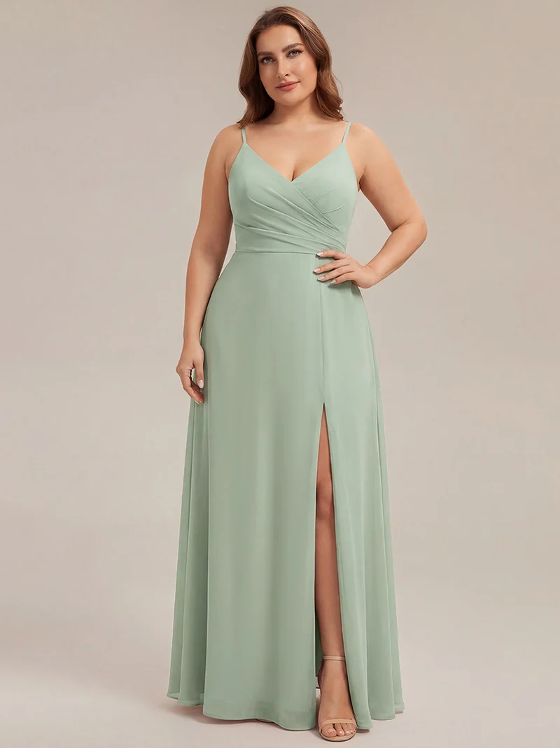 ever RENÉ|Robe de demoiselle d'honneur plissée à bretelles minces et col V